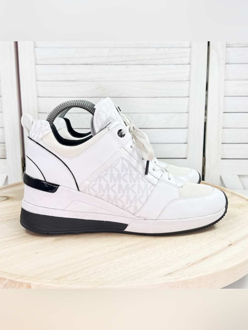 Michael Kors‎ Georgie Logo Wedge Heel Leather Mid Top Sneakers White Black 8.5